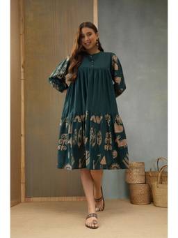 Stylum - Green Printed Mandarin Neck Knee Length Dress