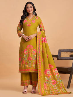 Seerat - Mustard Floral V-Neck Kurta Pant with Dupatta
