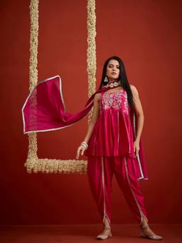 Stylum - Pink Embroidered Shoulder Straps Kurti Dhoti Pant with Dupatta