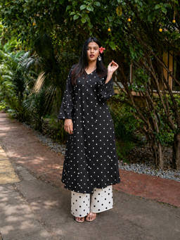 Stylum - Black Polka Dots V-Neck Kurta & Palazzo