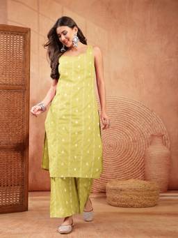 Stylum - Green Self Design Square Neck Kurta & Palazzo