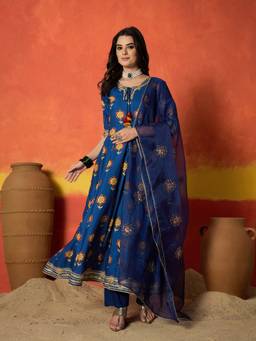 Stylum - Blue Floral Round Neck Anarkali Kurta with Pant Dupatta