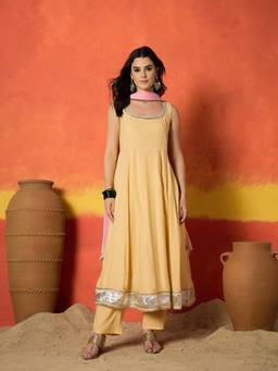 Stylum - Yellow Solid/Plain Round Neck Anarkali Kurta with Pant Dupatta