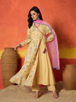 Stylum - Yellow Printed V-Neck Anarkali Kurta with Pant Dupatta