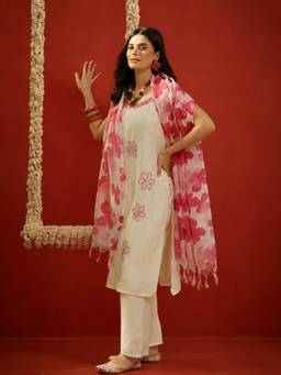 Stylum - Cream Solid/Plain Tie Up Neck Kurta Pant with Dupatta
