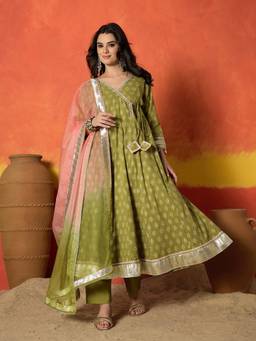 Stylum - Green Printed V-Neck Anarkali Kurta with Pant Dupatta
