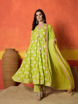 Stylum - Green Textured Tie Up Neck Anarkali Kurta with Pant Dupatta