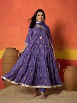 Stylum - Lavender Printed Round Neck Anarkali Kurta with Pant Dupatta