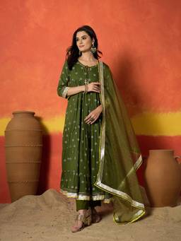 Stylum - Olive Printed Round Neck Anarkali Kurta with Pant Dupatta