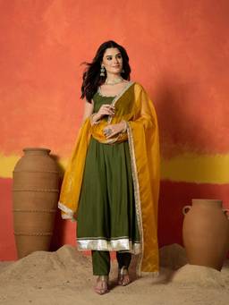 Stylum - Olive Solid/Plain Round Neck Anarkali Kurta with Pant Dupatta