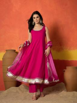 Stylum - Pink Solid/Plain Round Neck Anarkali Kurta with Pant Dupatta