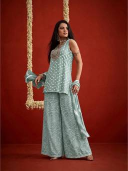 Stylum - Green Printed Round Neck Kurti Palazzo with Dupatta