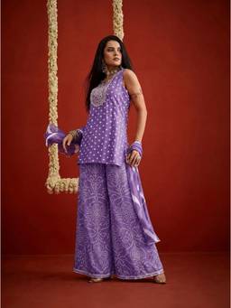 Stylum - Purple Printed Round Neck Kurti Palazzo with Dupatta