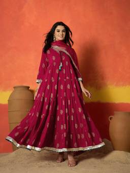 Stylum - Red Printed Round Neck Anarkali Kurta with Pant Dupatta