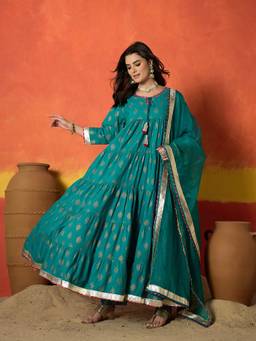 Stylum - Turquoise Printed Round Neck Anarkali Kurta with Pant Dupatta