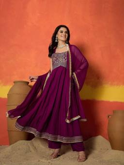 Stylum - Wine Solid/Plain Sweetheart Anarkali Kurta with Pant Dupatta