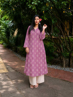 Stylum - Mauve Printed V-Neck Kurta & Palazzo