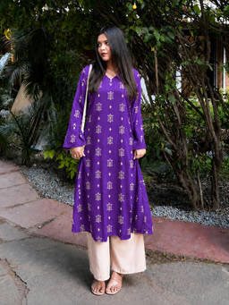 Stylum - Purple Printed V-Neck Kurta & Palazzo