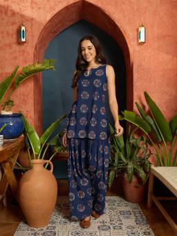 Stylum - Indigo Printed Round Neck Kurti & Farshi Salwar
