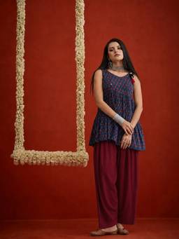 Stylum - Blue Floral Tie Up Neck Kurti & Farshi Salwar