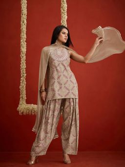 Stylum - Beige Printed Round Neck Kurti Farshi Salwar with Dupatta