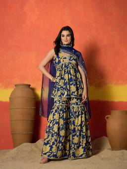 Stylum - Blue Floral V-Neck Kurti Sharara with Dupatta