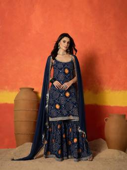 Stylum - Blue Printed Round Neck Kurti Sharara with Dupatta