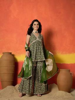Stylum - Green Floral V-Neck Kurti Sharara with Dupatta