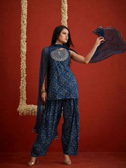 Stylum - Navy Blue Printed Round Neck Kurti Farshi Salwar with Dupatta