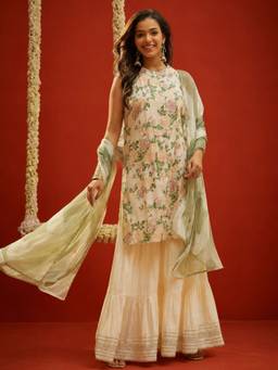 Stylum - Peach Floral Halter Neck Kurti Sharara with Dupatta