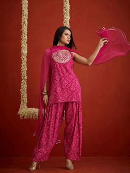 Stylum - Pink Printed Round Neck Kurti Farshi Salwar with Dupatta
