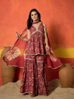 Stylum - Red Floral V-Neck Kurti Sharara with Dupatta