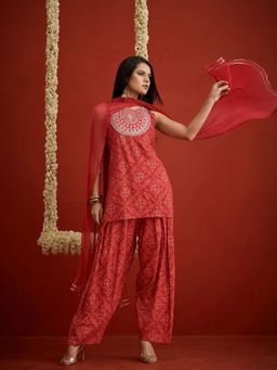 Stylum - Red Printed Round Neck Kurti Farshi Salwar with Dupatta