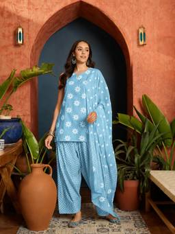 Stylum - Turquoise Floral Round Neck Kurti Farshi Salwar with Dupatta