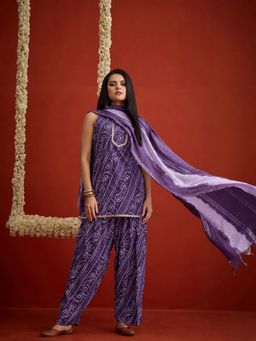 Stylum - Purple Printed Round Neck Kurti Farshi Salwar with Dupatta