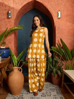 Stylum - Mustard Printed Round Neck Kurti & Farshi Salwar
