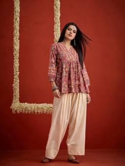 Stylum - Pink Floral Mandarin Neck Kurti & Farshi Salwar