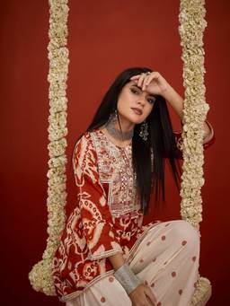 Stylum - Rust Embroidered Round Neck Kurti & Farshi Salwar