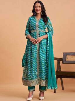 Seerat - Green Stripes V-Neck Kurta Pant with Dupatta