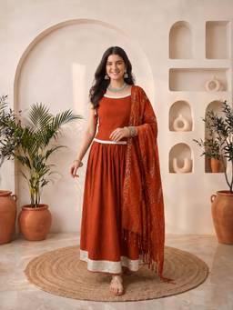 Stylum - Rust Solid/Plain Round Neck Top Skirt with Dupatta