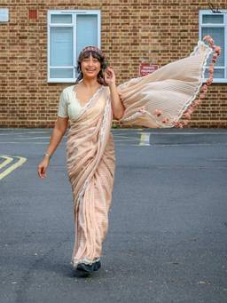 Suta - Beige Checks Saree without Blouse