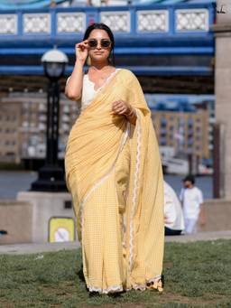 Suta - Yellow Checks Saree without Blouse