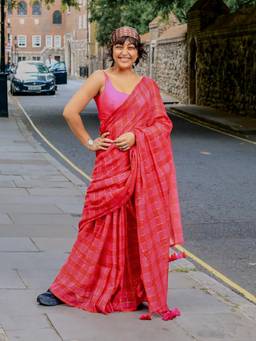 Suta - Pink Checks Saree without Blouse