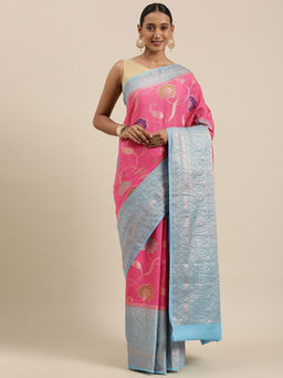 Banarasi Silk Works - Pink Mulberry Silk Tilfi Boota Zari Border Saree with Unstitched Blouse