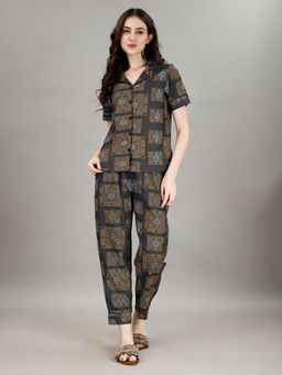 Smarty Pants - Womens Pure Grey Color Aztec Printed Shirt & Pyjamas Night Suit. (Set of 2)