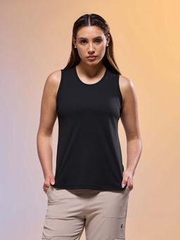 Technosport - Women Black Solid Slim Fit Round Neck Tank Top with Cotflex