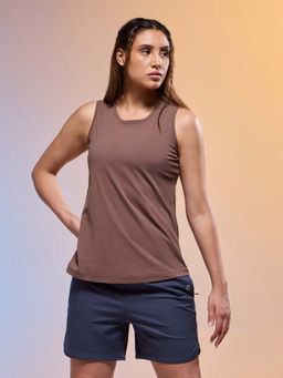 Technosport - Women Brown Solid Slim Fit Round Neck Tank Top with Cotflex