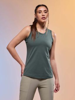 Technosport - Women Teal Solid Slim Fit Round Neck Tank Top with Cotflex
