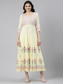 NEERU'S - Yellow Cotton Round Neck Dress (Set of 2)