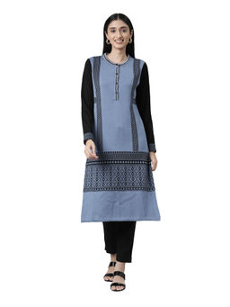 NEERU'S - Navy Blue Woven Acrylic Round Neck Winter Wear Kurta